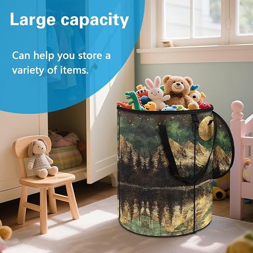 Landscape Moon Collapsible Trash Can with Lid Waterproof Bedroom Trash Can Decorative Portable Outdoor Waste Bin for Camping, Yard Waste, Picnic