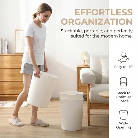 Lyellfe 6 Pack Small Trash Can, 1.5 Gallon Plastic Wastebasket with Handle | Round White Garbage Container Recycling Bins for Compact Space Bathroom, Office, Bedroom, Kitchen