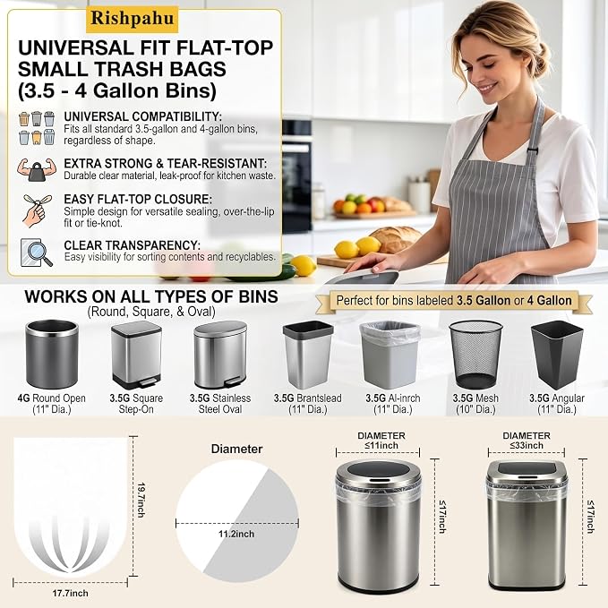 4 Gallon Small Trash Bags, 330 Ct Unscented for Bathroom & Office | Flexible & Durable Small Garbage Bags, Unscented & Easy Tearing 4 Gallon Trash Bag for Kitchen,Bedroom,Transparent,15L