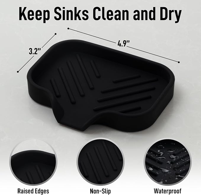 Zulay Kitchen Small Silicone Sponge Holder (4.9x3.3”) – Space-Saving Sink Organizer Tray for Sponge, Soap, Brush & More – Compact Non-Slip Dish for Kitchen & Bathroom (Black)