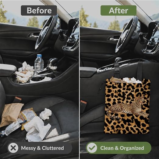 Modern Fashion Cheetah Car Garbage Bag Canvas Trash Can | Funky Leopard Print Drawstring Car Trash Bag Hanging for Back Seat with Adjustable Buckle