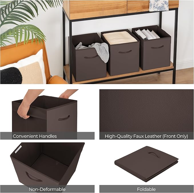 StorageWorks 11in Leather Storage Cubes, Cube Organizer Bins, Brown, 4-Pack | Reinforced Handle & Front Panel, Faux Leather Front, Non-woven Fabric, Collapsible, Space-Saving, For Closet, Bedroom, Office