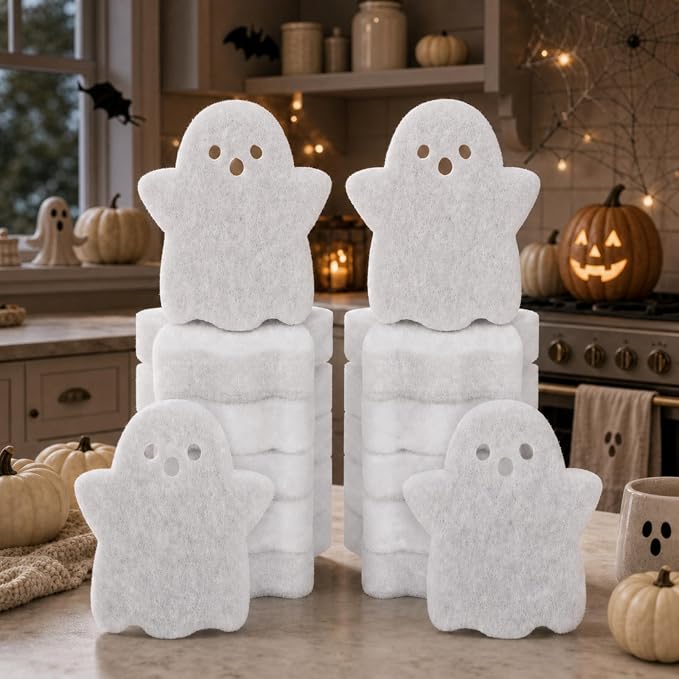Tioncy 12 Pack Halloween Skull Kitchen Sponges, White | Dual Sided Scrubber, Cute Halloween Decor, Reusable Non Scratch Dishwashing, for Cookware Pot Boiler Pan Household