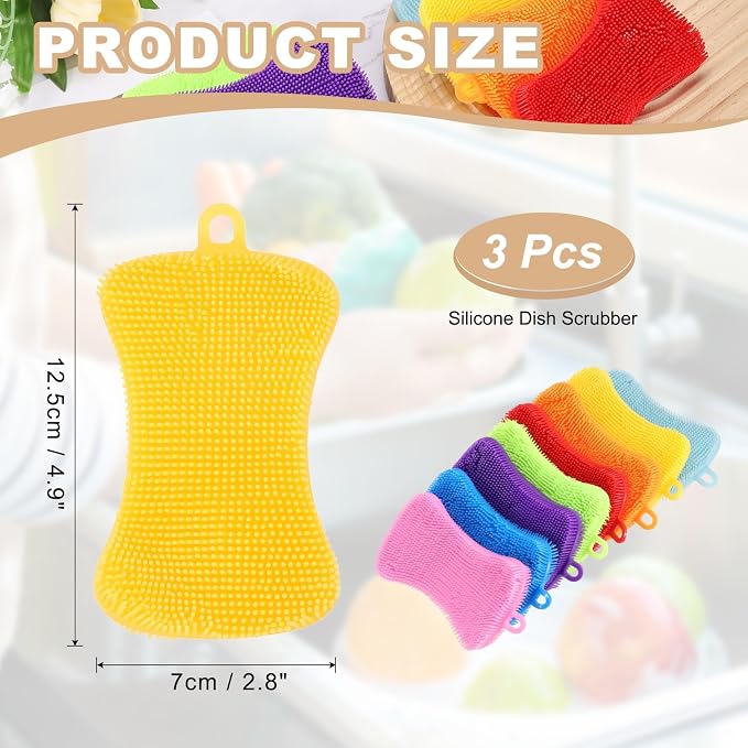 uxcell Silicone Dish Scrubber, 3 Pack Reusable Dishes Sponges Silicone Sponges Double Design for Kitchen Bathroom Cleaning Gadgets Accessories Countertop Cookware Pots Pans, Yellow