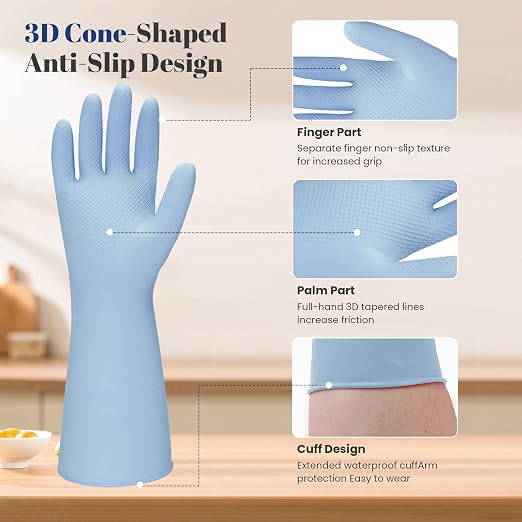 Rubber Kitchen Dishwashing Gloves - 3 Pairs Reusable Household Cleaning Gloves, Flexible and Durable & Non-slip Cleaning Gloves, Great for Kitchen, Bathroom, Laundry (Large, Pink+Blue+Grey)