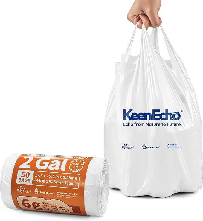 Small Trash Bags with Handles - Ocean Plastic Upcycling - Plastic Garbage Bags, Can Bin & Waste Basket Liner for Kitchen, Bathroom, Office and Pets,2 Gallon 50 Count White