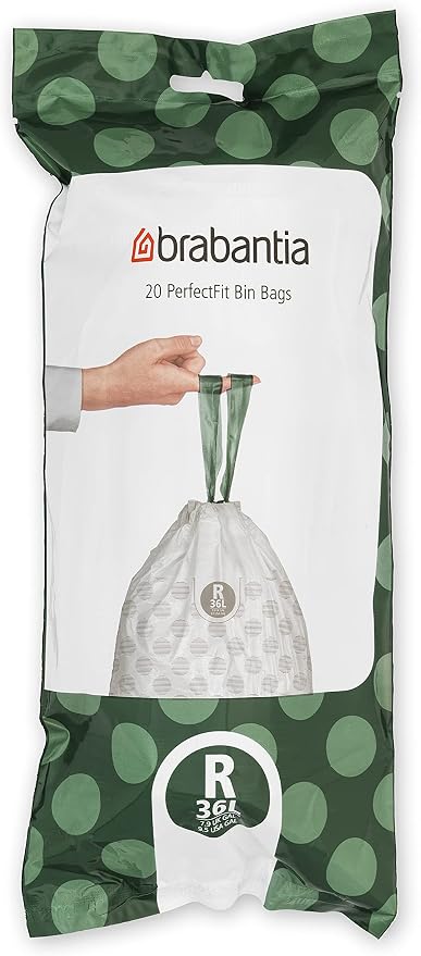 Brabantia PerfectFit Trash Bags (Size R/9.5 Gal) Thick Plastic Trash Can Liners with Drawstring Handles (120 Bags)