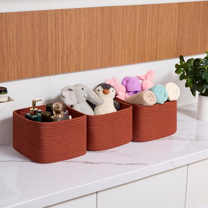 MiniArk Small Organizing Baskets for Cubes Shelf, 9.7x9.7x7.1 Inch Rope Woven Storage Bins for Nursery Shelves Storage, Cute Toy Basket, Square 3 Packs Oxide Red