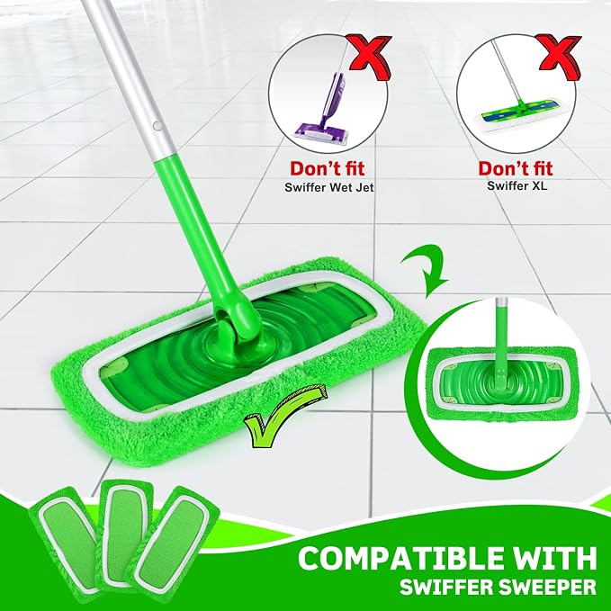 6 Pack Reusable Microfiber Mop Pads for Swiffer Sweeper Mop | Machine washable for wet & dry cleaning on hardwood, tile and sealed floors. Removes dust, dirt and pet hair.