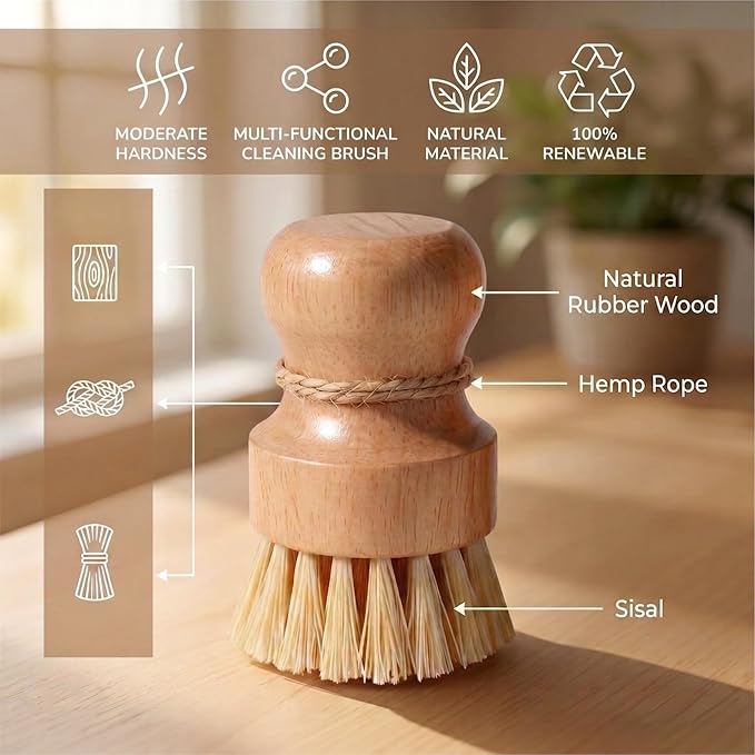 Wood Dish Brush, Natural Fiber Kitchen Scrubber with Ergonomic Grip, 3 Pack | Eco Palm Dish Scrub Brush Set, Natural Rubber Wood Grip Handle for Cleaning Dishes, Pots, Pans, Sink, Tableware, Vegetables
