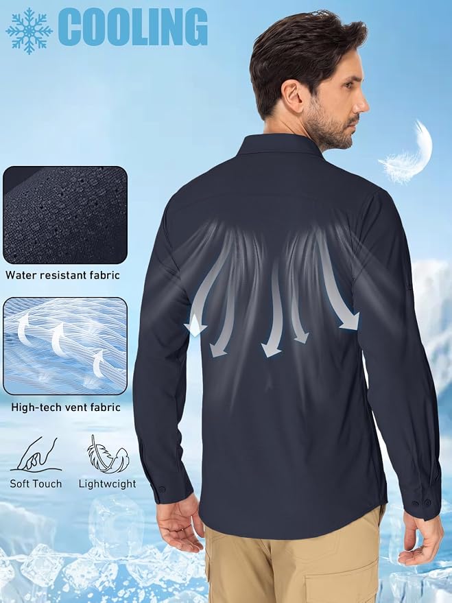 linlon Men's Safari Shirt UV Sun Protection Long Sleeve Hiking Travel | Button Down Mesh Back Vents UPF 50+ Quick Dry Breathable Cool Lightweight Outdoor Travel Fishing Gardening Clothes