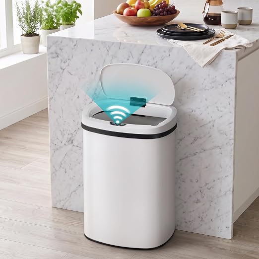 BLKMTY 13 Gal Trash Can with Lid, Motion Sensor Garbage Can, White | Stainless Steel Garbage Cans, 50 L Automatic Touchless Kitchen Trash Cans, High Capacity, for Home Office Bathroom