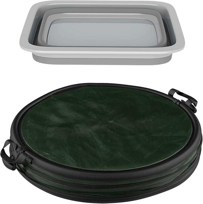 Collapsible Trash Can and Camp Sink Set - 29.5-Gallon Garbage Bin and 7-Liter Wash Basin - Camping Accessories by Wakeman Outdoors (Gray and Green)