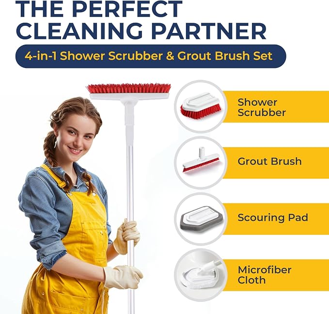 Shower Scrubber with Long Handle, Stiff Bristles Grout-Brush, Tub Scrub-Brush with Long-Handle, Shower-Cleaner Brush | Extendable, stiff bristles, scouring pad and microfiber cloth included