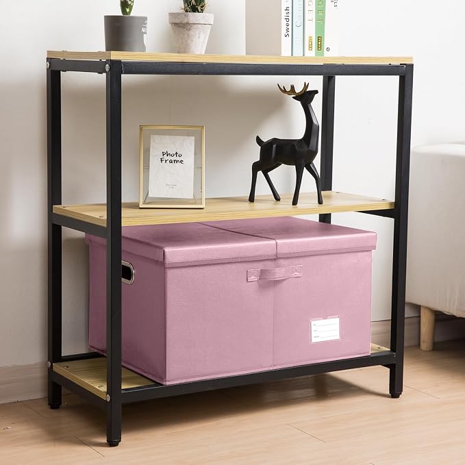Collapsible Storage Box with Lid [3-Pack] Leather Fabric Foldable Storage Bin Organizer Container Basket Cube with Cover for Home Bedroom Closet Office Nursery Pink(22.8X15.7X11.8)