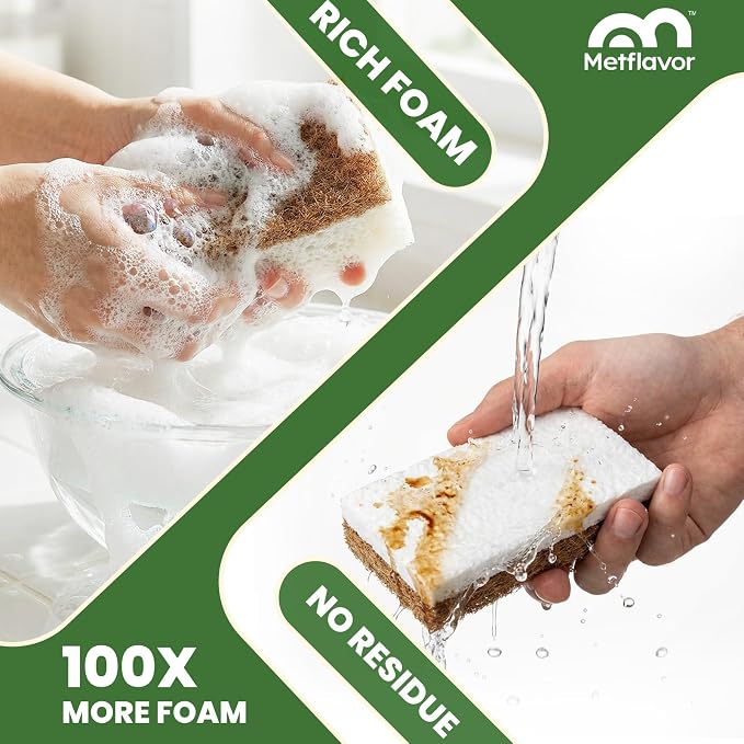 Metflavor Kitchen Sponges, 12 Count, Natural Sponge with Coconut Scrubber | Plant-Based, Non-Toxic, Biodegradable & Compostable, Non-Scratch, All-Purpose Cleaning