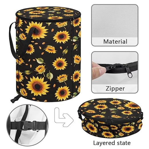 BIGCARJOB Sunflower Collapsible Trash Can Portable Tall Trash Can Oval Recycling Bin 22.83x17.71 Outside Garbage Bin Storage Bag with Clip and Zipper Lid