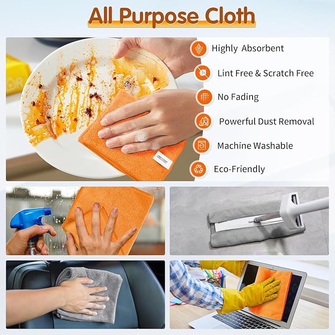 Microfiber Cleaning Cloth -Pack of 50, Highly Absorbent Cleaning Rags(Grey&Orange), 16"X12" All Purpose Cleaning Towels for Housekeeping, Kitchen, Car, Reusable Microfiber Towels