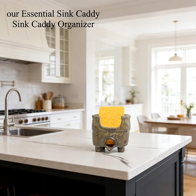 Sponge Holder for Kitchen Sink, Ceramic Sink Caddy Organizer | Self draining sponge Dish for scouring pad, soap, brushes. Rustic farmhouse kitchen sink storage keeps counter dry. Avocado