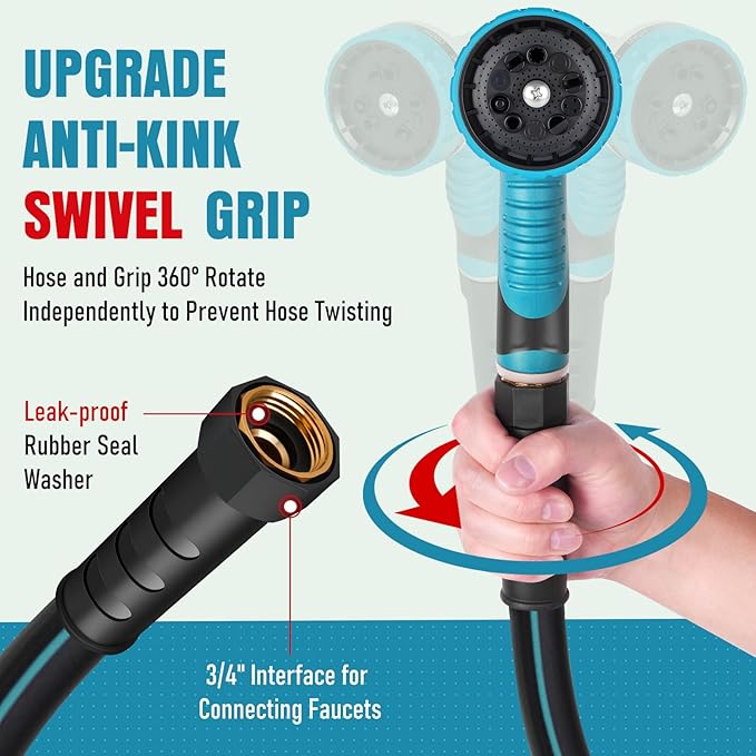 Garden Hose 100 ft x 5/8" with Nozzle, Water Hose Heavy Duty Flexible, Lightweight Kink-less Hybrid Hose with Swivel Handle, Male to Female Fittings