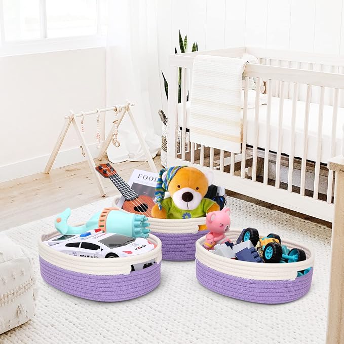 7 Piece Cotton Rope Woven Basket Set - Small Basket for Baby Nursery, Pets, Montessori, Dog & Cat Toy Boxes, Bathroom Organization Bins (White/Purple)