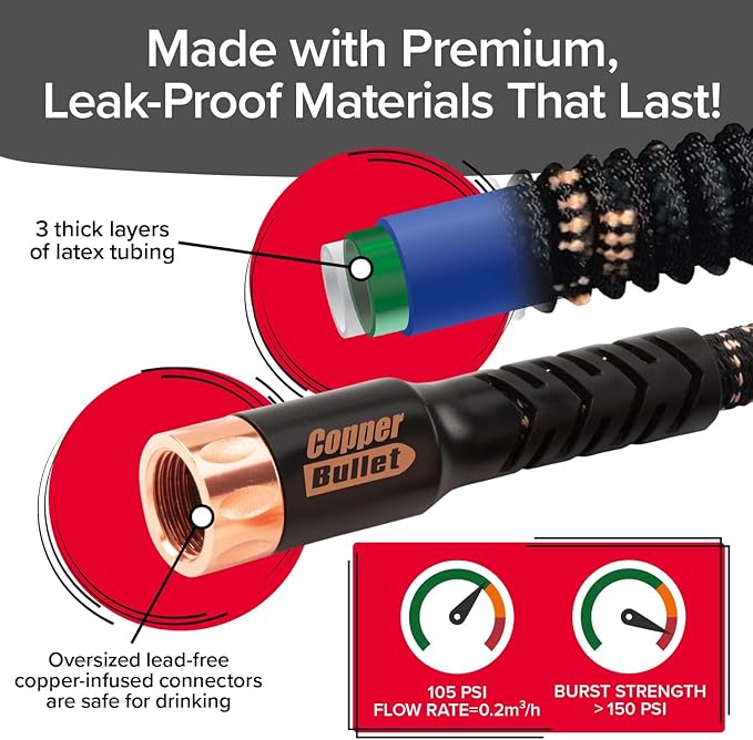 Pocket Hose 100 FT Copper Bullet Hose, 10-Pattern, 650psi