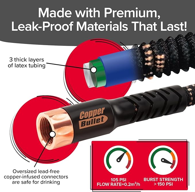 Pocket Hose 50 FT Copper Bullet Hose, 10-Pattern, 650psi