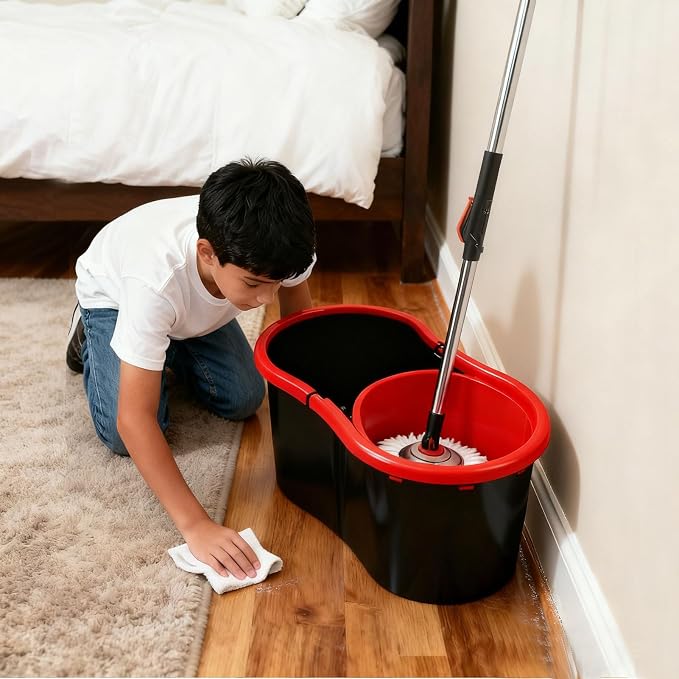 Spin Mop and Bucket with Wringer Set, 360°Rotating Head Mop Bucket System, 3 Replacement Mop Heads for Floor Cleaning (Black & Red) (A mop Head)