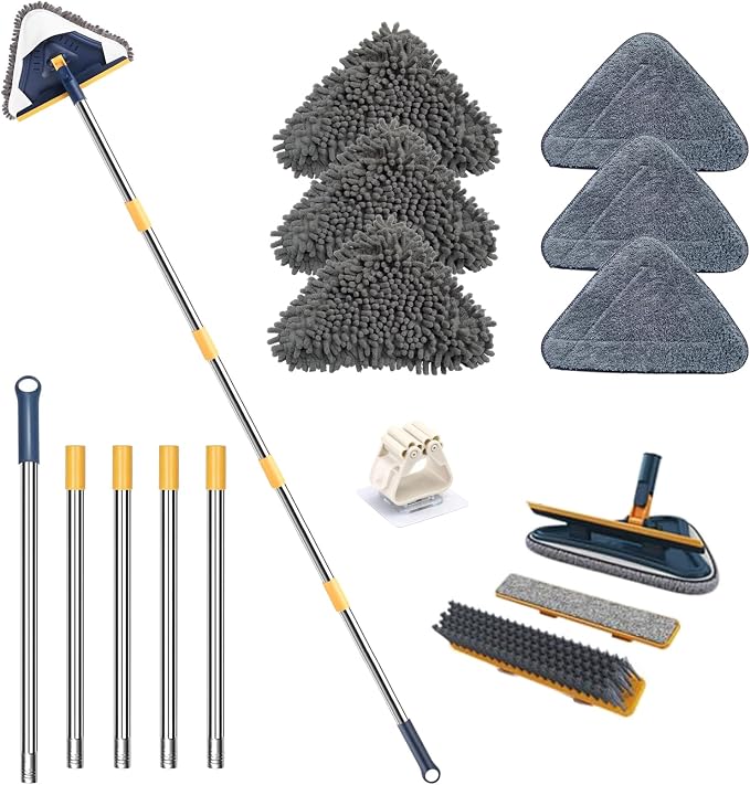 5-in-1 Wall Cleaner Mop with 79'' Long Handle, Triangle Head Wall Scrubber | Cleaning Dust Mop with 6 Pads, Squeegee, Scrubber, Wall Washer Tool for Painted Wall, Ceiling, Baseboard, Window, Floor