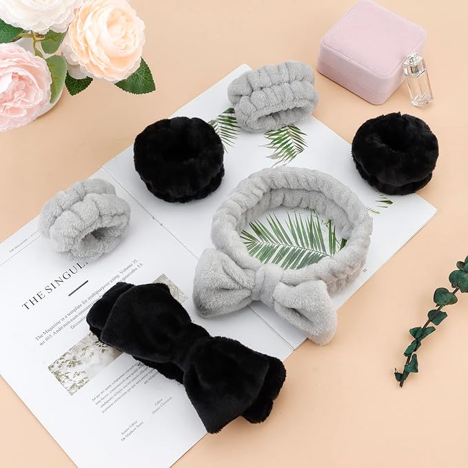 WHAVEL 6PCS Spa Headband and Wristbands Set, Face Wash Headband Wrist Bands for Washing Face Makeup Skincare Hair Band Skin Care Accessories Tools