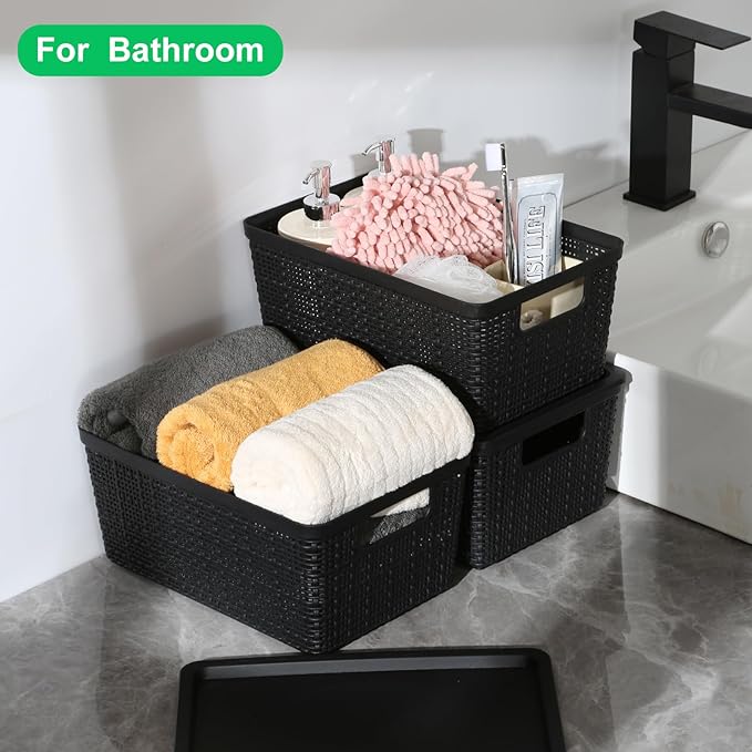 6 Pack Plastic Storage Baskets with Lid,Black Stackable Bins | Durable Woven Plastic With handle Breathable,Save space ,For Organizing Desktops, Closets, Playrooms, Classrooms, Offices