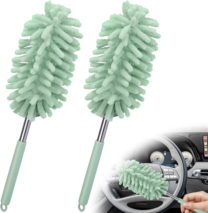 2 PCS Car Interior Duster with Extension Pole, Dusters for Cleaning | Microfiber Car Dusters with Bendable Head, Duster Interior & Exterior Scratch Free for Vehicle, Offices, Window (Light Green)
