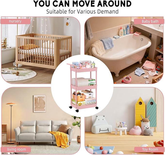 Volnamal Diaper Caddy, 3 Tier Rolling Cart for Baby Essentials, Pink | Movable & Easy Assemble Cart for Newborn Nursery Essentials, Diaper Storage Organizer for Changing Table&Crib, Baby Registry
