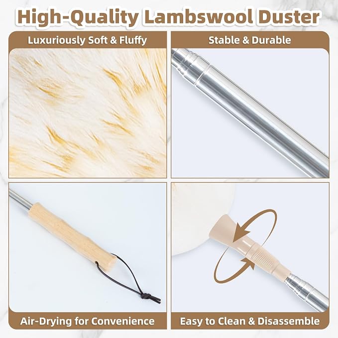 LOVECO Lambs Wool Dusters for Scratch-Free Cleaning Extendable 29-49 Inch | Includes: Sticky Hooks×2, Small Duster×1, Electrostatic Dusters Suitable for Office, Home, Car