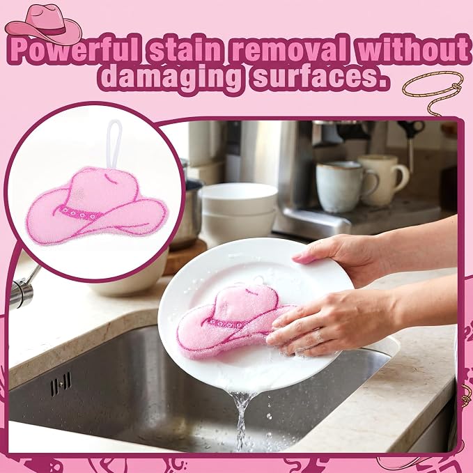 12 Pcs Cowgirl Hat Sponge Dish Scrubber Dual Sided Non Scratch Dish Washing Scrubbers Reusable Household Cleaning Kitchen Tools for Dishwashing Washing Dishes Cookware Tubs Sinks