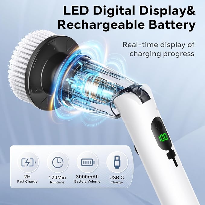 Electric Spin Scrubber with 8 Replaceable Brush Heads 3 Adjustable Angle Waterproof LED Display Cordless Cleaning Brush Supplies Bathroom Cleaner Set Long Handle Power Scrubber for Shower Floor Tub