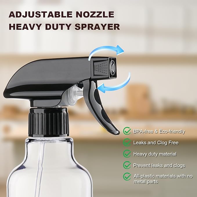 Plastic Spray Bottles 16.9oz 2 Pack Adjustable Mist/Stream Spraying | Refillable heavy duty spray containers for plants, cooking, hair care and household cleaning