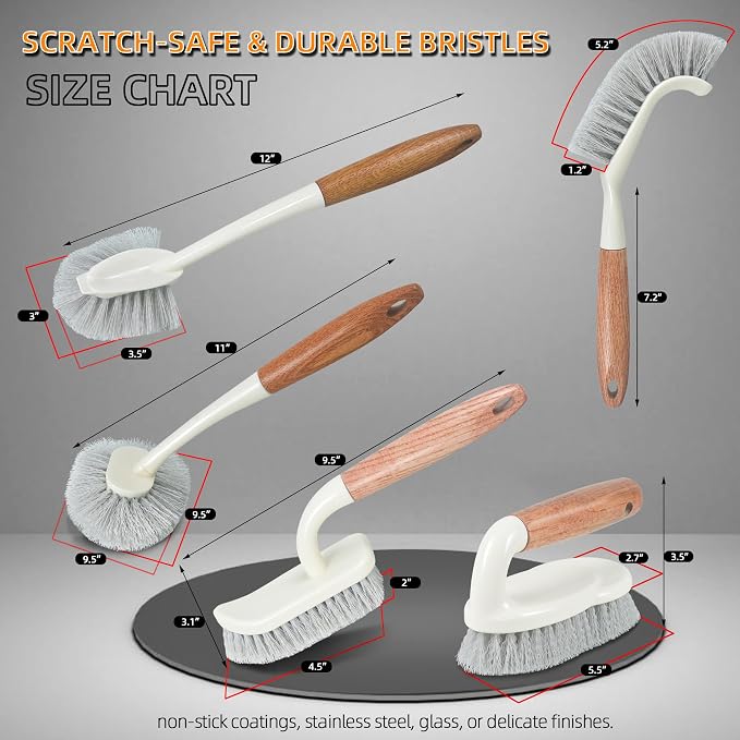 5-Pack Heavy Duty Scrub Brushes Set with Wooden Handles | Multi-Surface Scrubber for Kitchen,Bathroom,Tile & Grout,Includes Spherical,Triangle,Square & Dish Brush for Stubborn Stains
