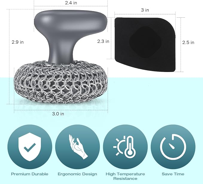 Cast Iron Scrubber Dish Scrub Brush 316 Chainmail Scrubber for Cast Iron | Dish Scouring Pad, Dishwasher Safe, Chain Mail Scrubber Cast Iron, Cleaning Kit, for Pan Skillet, Grey