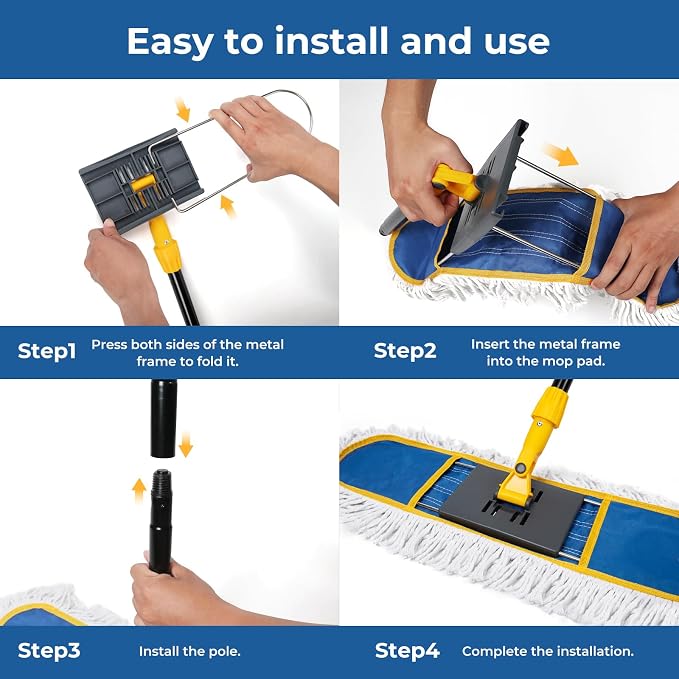 24”Dust Mop for Floor Cleaning, Heavy Duty Sweeper Broom Catches Dust, Pet Hair, and Debris, Washable 2 Cotton Mop Pads, Floor Duster for Hardwood, Tile, Laminate, and LVP Flooring