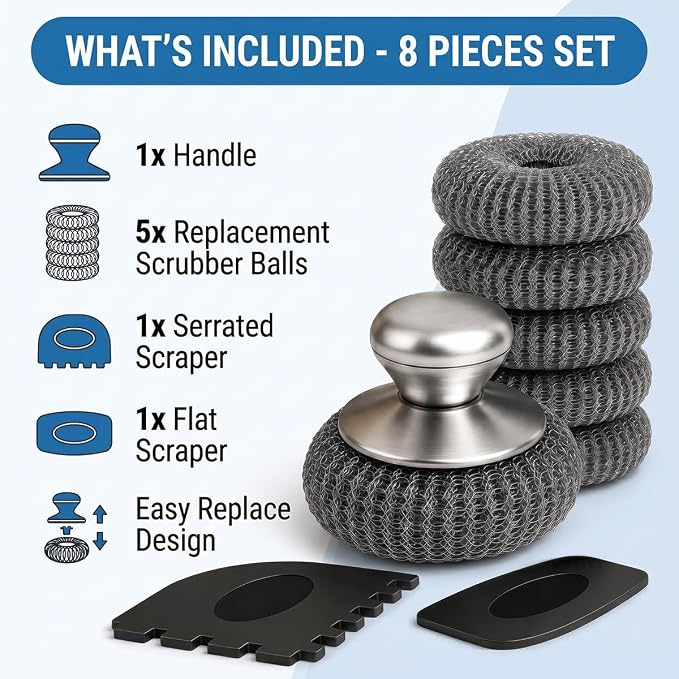 Steel Wool Scrubber with Handle & 5 Refills, 8-Piece Cast Iron Scrubber Kit with 2 Pan Scrapers, Heavy Duty Stainless Steel Scrubber for Kitchen Sink, Grill, Griddle, and Pots