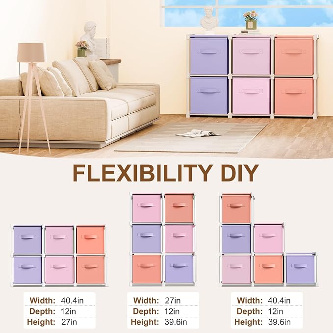Briwooody 6 Cube Storage Organizer Bins with Shelf, Pink,Purple,Orange | 11x11'', Storage Organizer, Toy Storage Box, Back to School, Dorm Organizer, Fabric Drawers, Playroom Bedroom Storage Cabinet