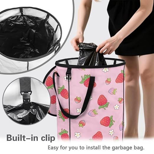 BIGCARJOB Strawberry Recycle Trash Can Storage Outdoor Portable Trash Can Large Pop-Up Waste Bin Bag for Camping Beach Travel, 22.83x17.71 in
