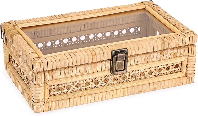 Hipiwe Rattan Storage Box with Lid Vintage Decorative Basket for Home Decor | Handwoven Wicker Basket Box for Display, Rectangular Storage Bin for Remotes, Keepsake, 9.8" x 5.9" x 3.1"
