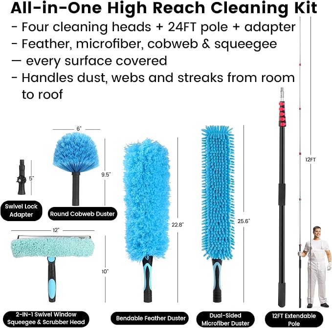 Ceiling Fan Duster Kit with 24 FT Telescoping Pole – 6-Piece Set – Screw-On Cobweb Duster & Squeegee Heads – Washable Bendable – 3/4" Universal Fit – House Cleaning Kit, Blue