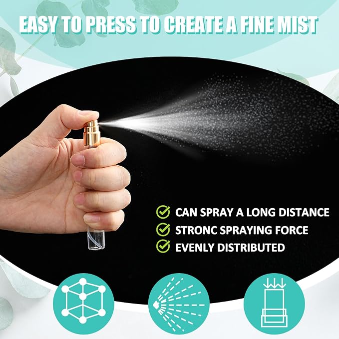 Zhehao 100 Pcs Mini Spray Bottles 10 ml Clear Glass Perfume Bottles Refillable Fine Mist Perfume Atomizer Portable Empty Sample Containers for Cleaning, Essential Oils, Travel (Gold Cap)