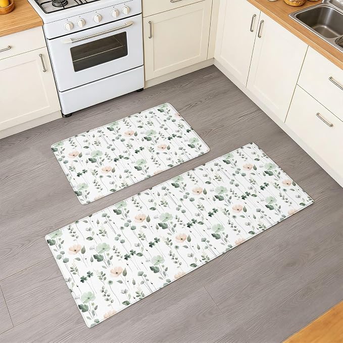 Feelyou Boho Floral Cushioned Kitchen Mats for Floor 2PCS Spring Tropical Leaves Waterproof Non Slip Kitchen Rugs for Kitchen, Office, Modern Farmhouse Abstract Flower, 17.3"x28"+17.3"x47"inch