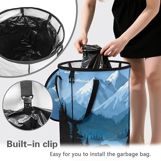 Snowy Mountains Bear Outdoor Trash Can with Lid 20+ Gallon Collapsable Trash Can Camping Large Capacity Design Garbage Bags for Rv, Backyard, Picnic