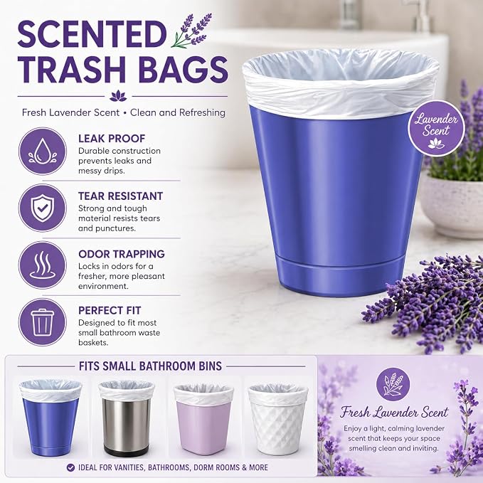 2.6 Gallon Lavender Scented Trash Bags (200 Count) White 2 Gallon Trash Bags Small Bathroom Wastebasket Bags Can Liners for Home Office Bins, 200 Bags