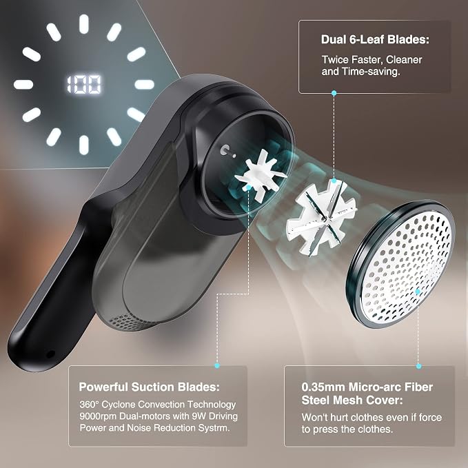 Fabric Shaver for Clothes, 2 Modes Lint Remover with 3 Stainless Steel 6-Leaf Blades, Electric Sweater Shaver Defuzzer with Battery Display Fast Remove Fuzz Lint Balls Pills Bobbles